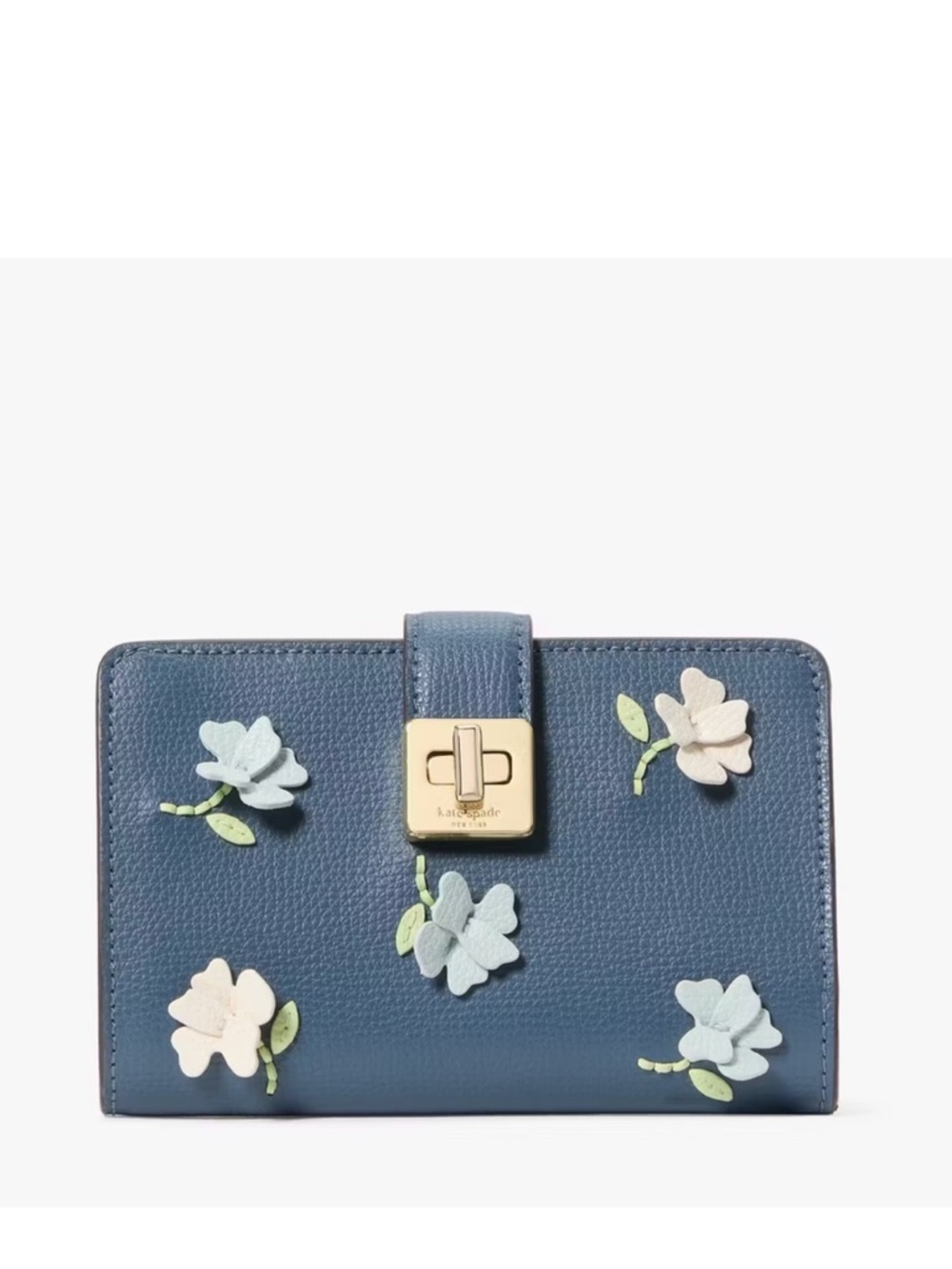♠️Kate Spade Phoebe Floral Applique Turnlock Medium Compact Bifold Wallet, Blue